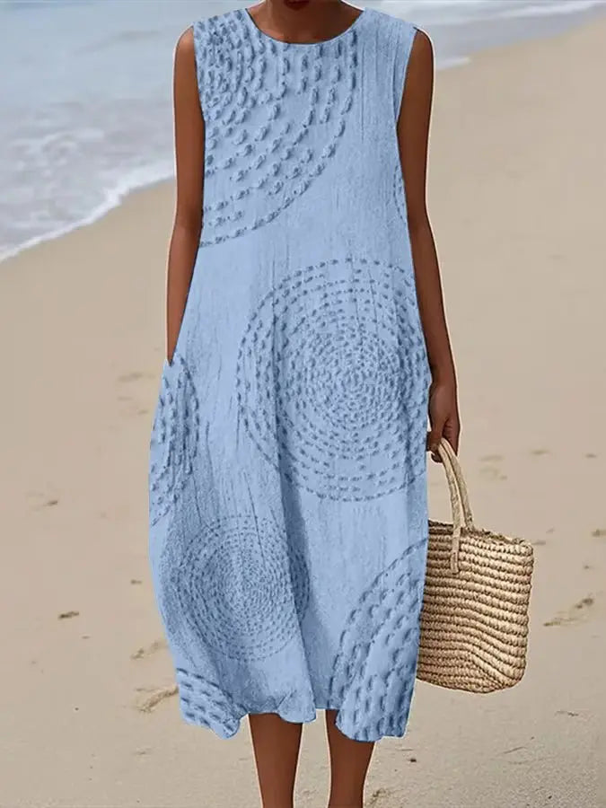 Embroidered Midi Dress Sleeveless A-Line - Sky Blue