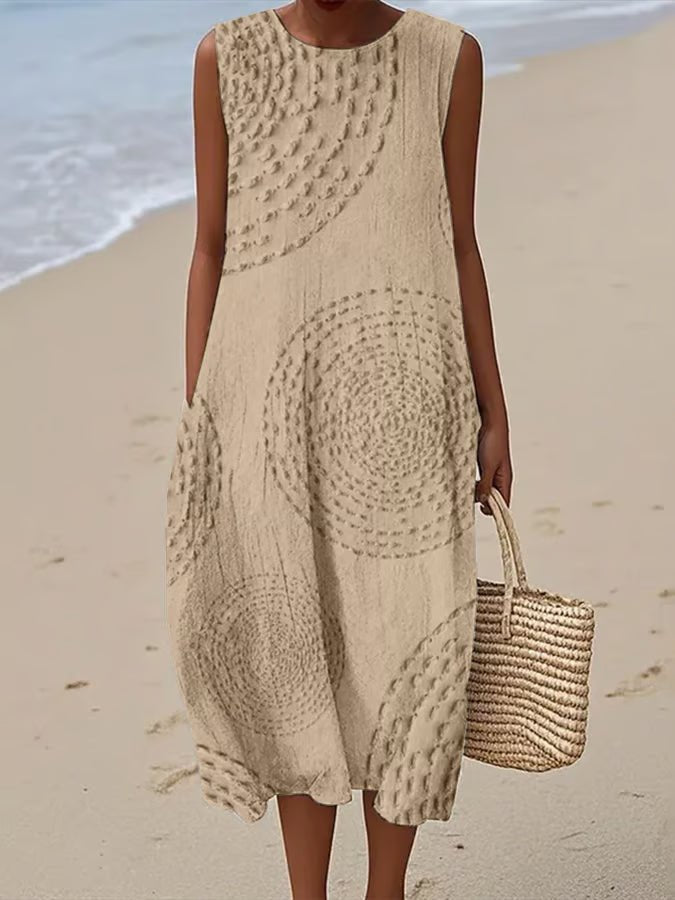 Embroidered Midi Dress Sleeveless A-Line - Light Sand