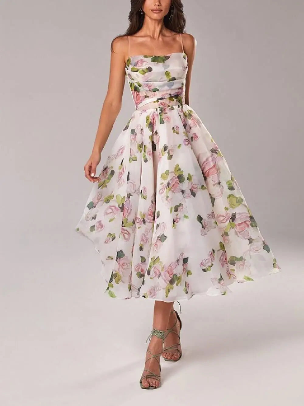 Floral A-Line Midi Dress Cowl Neck Spaghetti Strap - Pink