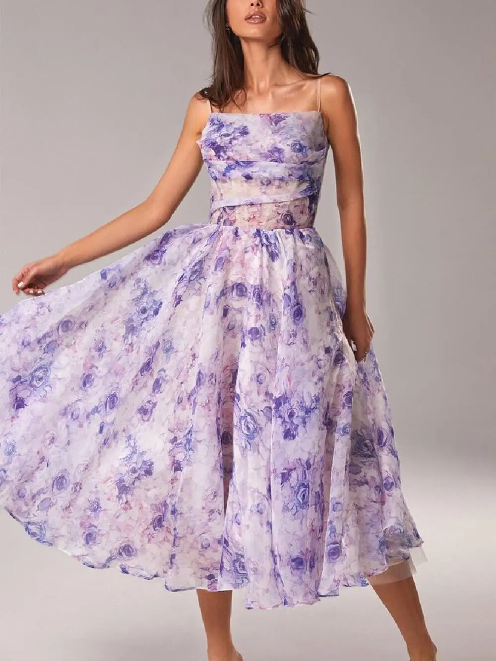 Floral A-Line Midi Dress Cowl Neck Spaghetti Strap - Purple