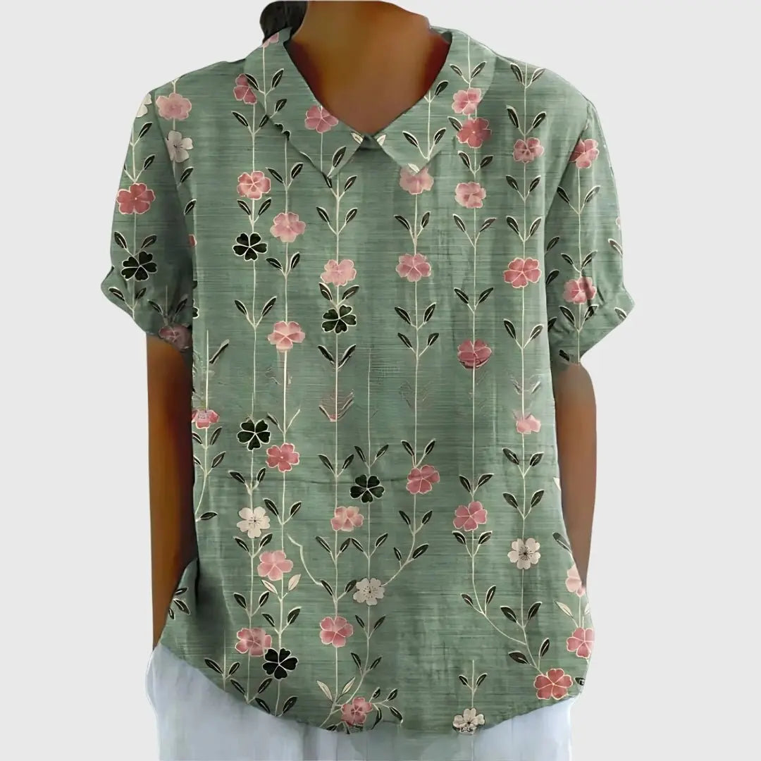 Floral Blouse Short Sleeve Collared Relaxed Fit - Green Floral Print
