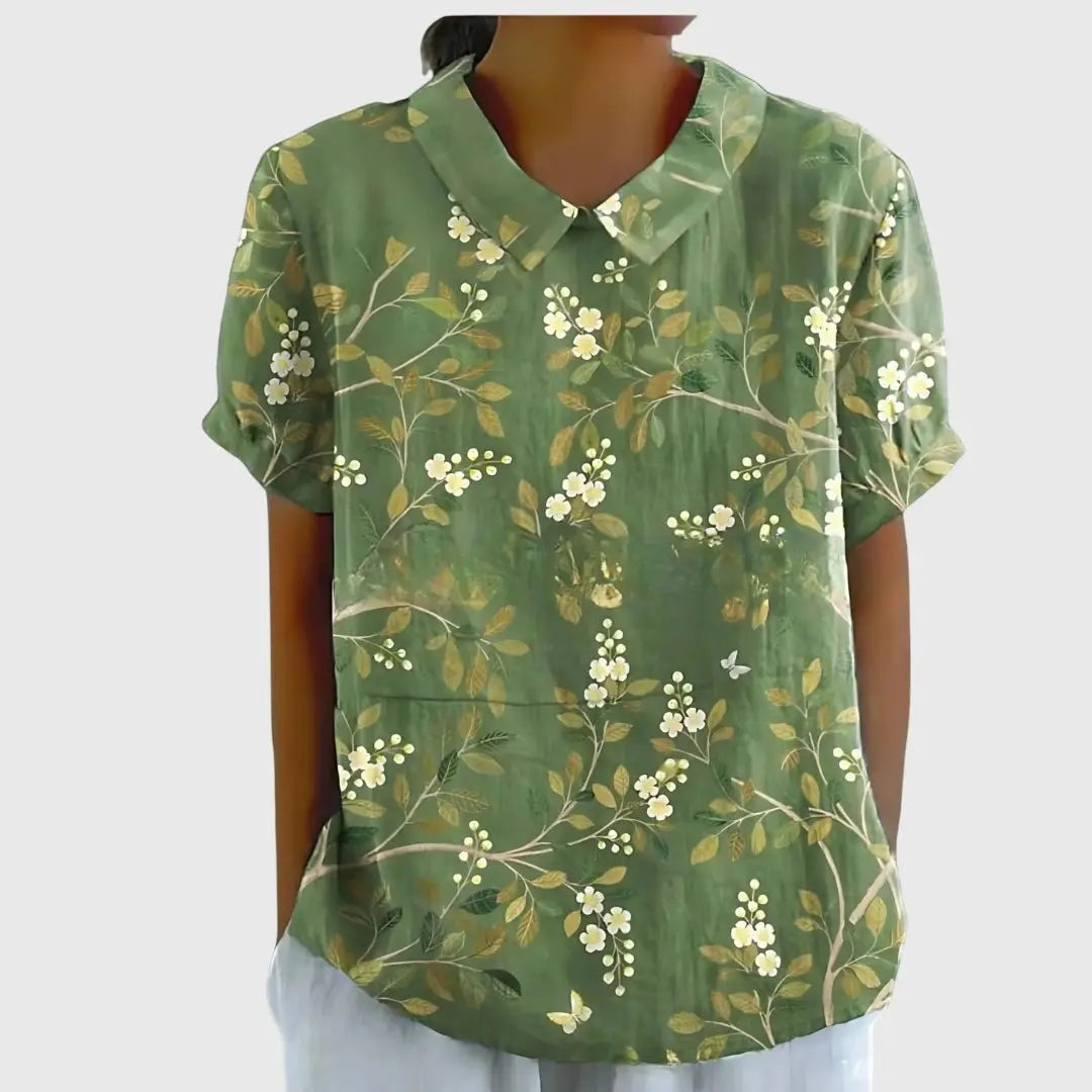 Floral Blouse Short Sleeve Collared Relaxed Fit - Green 2