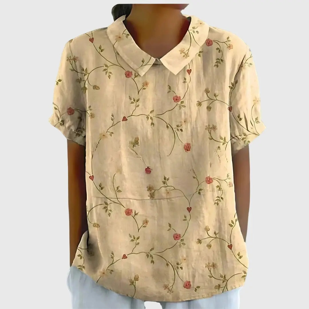 Floral Blouse Short Sleeve Collared Relaxed Fit - Old Yellow