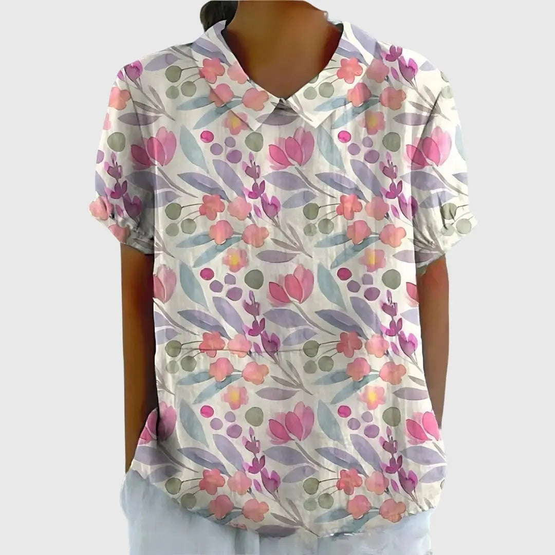 Floral Blouse Short Sleeve Collared Relaxed Fit - Dark Pink