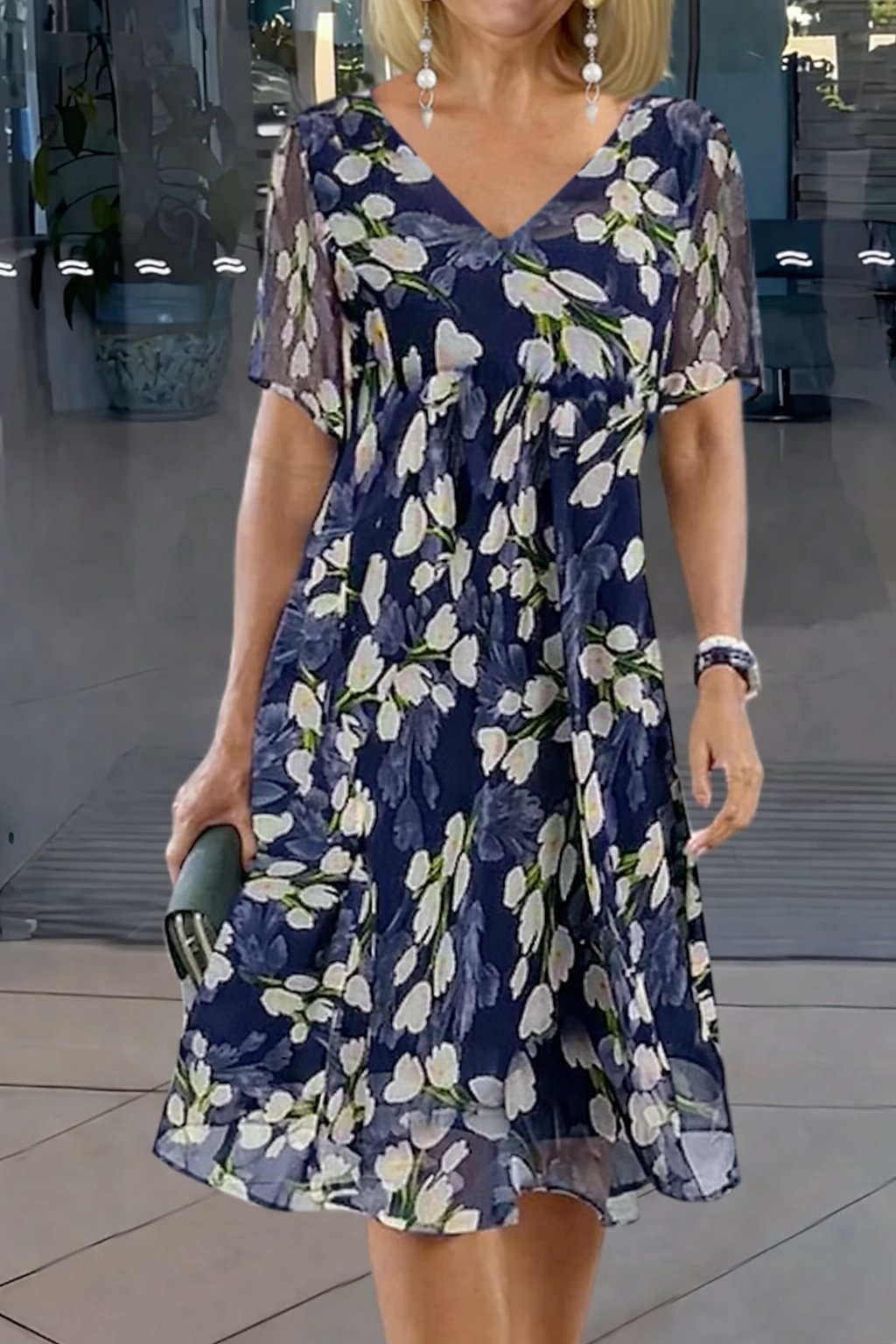 Floral Print A-Line Dress V-Neck Short Sleeve - Navy Blue
