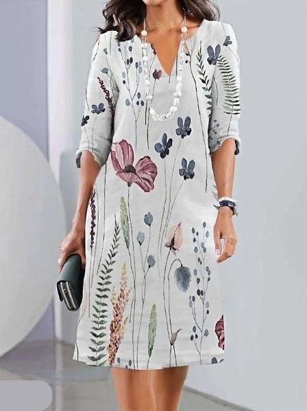 Floral Print A-Line Dress V-Neck Short Sleeve - Off-white
