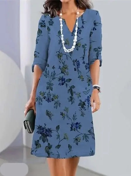 Floral Print A-Line Dress V-Neck Short Sleeve - Blue