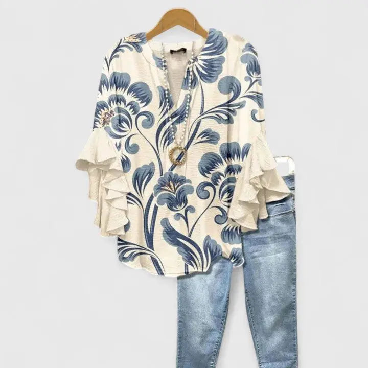 Floral Print Blouse Ruffled Sleeves V-Neck Feminine - White Blue