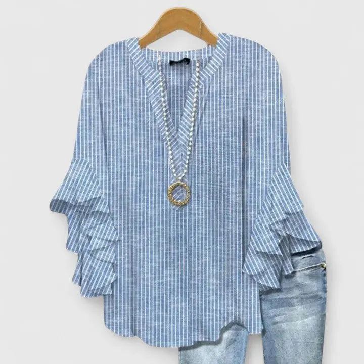 Floral Print Blouse Ruffled Sleeves V-Neck Feminine - Blue