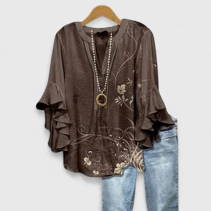Floral Print Blouse Ruffled Sleeves V-Neck Feminine - Brown