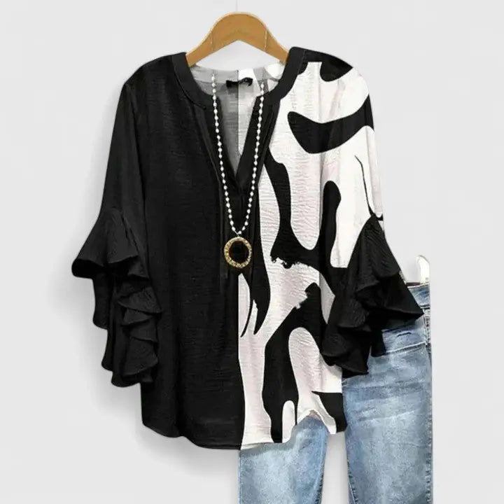 Floral Print Blouse Ruffled Sleeves V-Neck Feminine - Black
