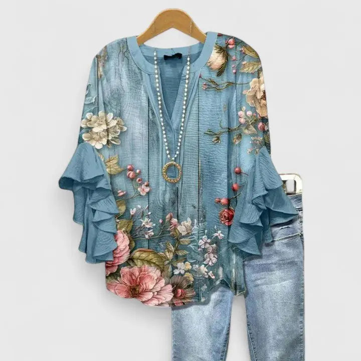 Floral Print Blouse Ruffled Sleeves V-Neck Feminine - Floral Blue