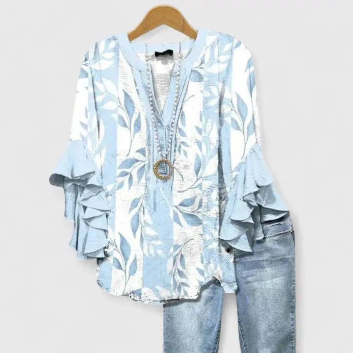 Floral Print Blouse Ruffled Sleeves V-Neck Feminine - Light Blue