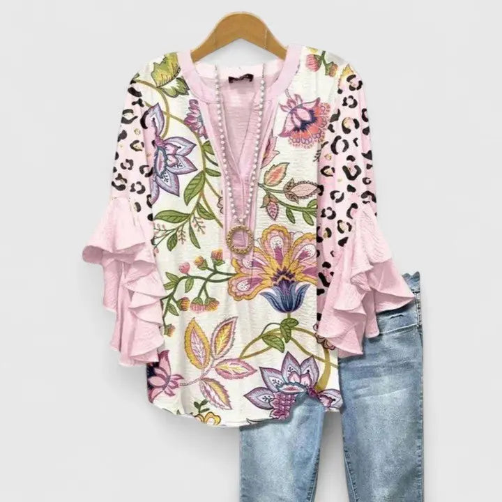 Floral Print Blouse Ruffled Sleeves V-Neck Feminine - Pink