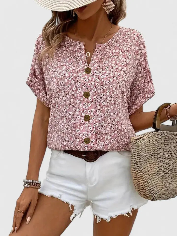 Floral Print Blouse Short Sleeve Button Front Summer Top - Pink