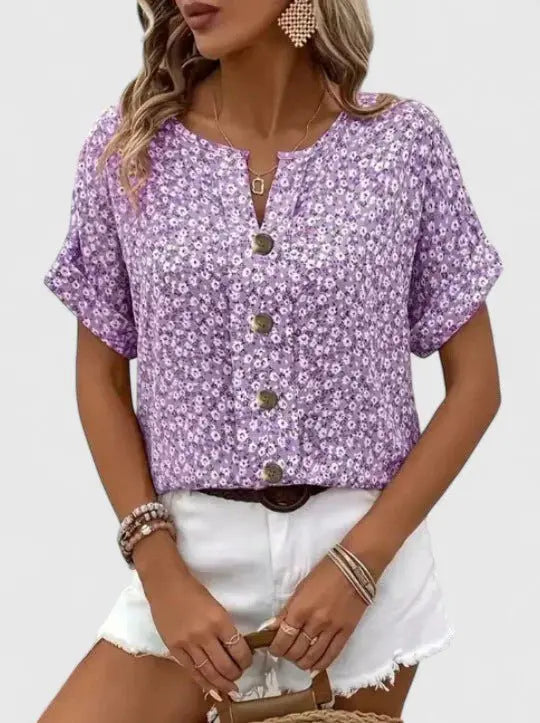 Floral Print Blouse Short Sleeve Button Front Summer Top - Purple