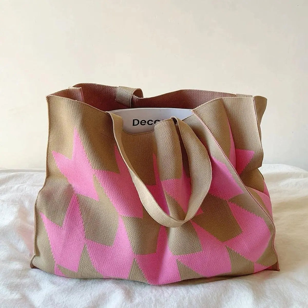 Graphic Print Large Canvas Tote Bag Beige Pink Shopper - Pink
