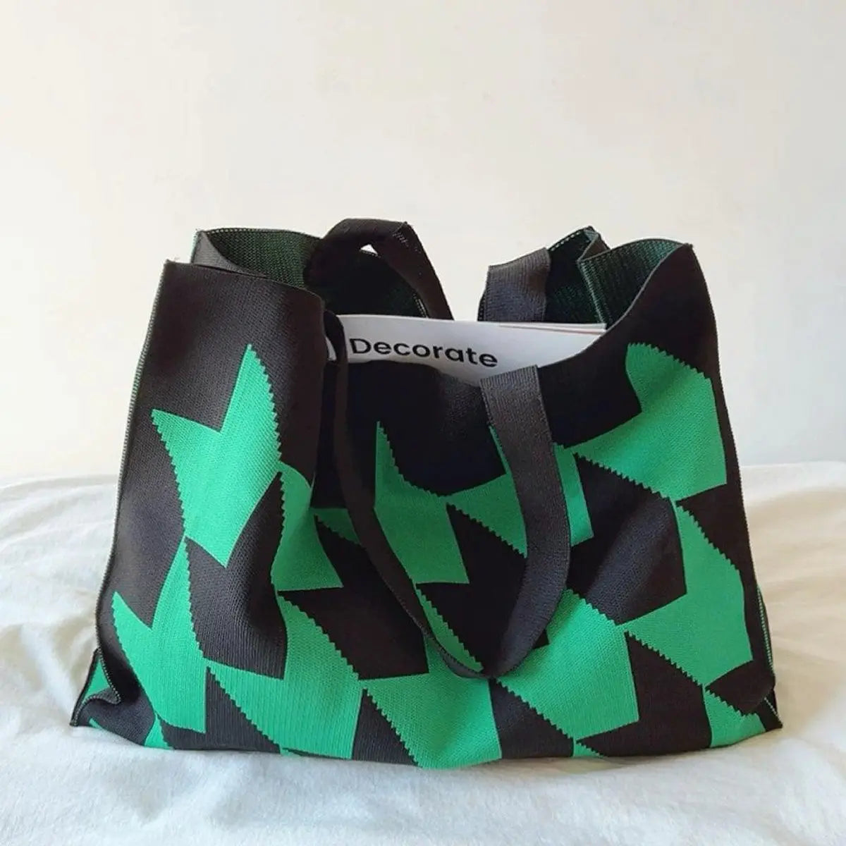 Graphic Print Large Canvas Tote Bag Beige Pink Shopper - Green