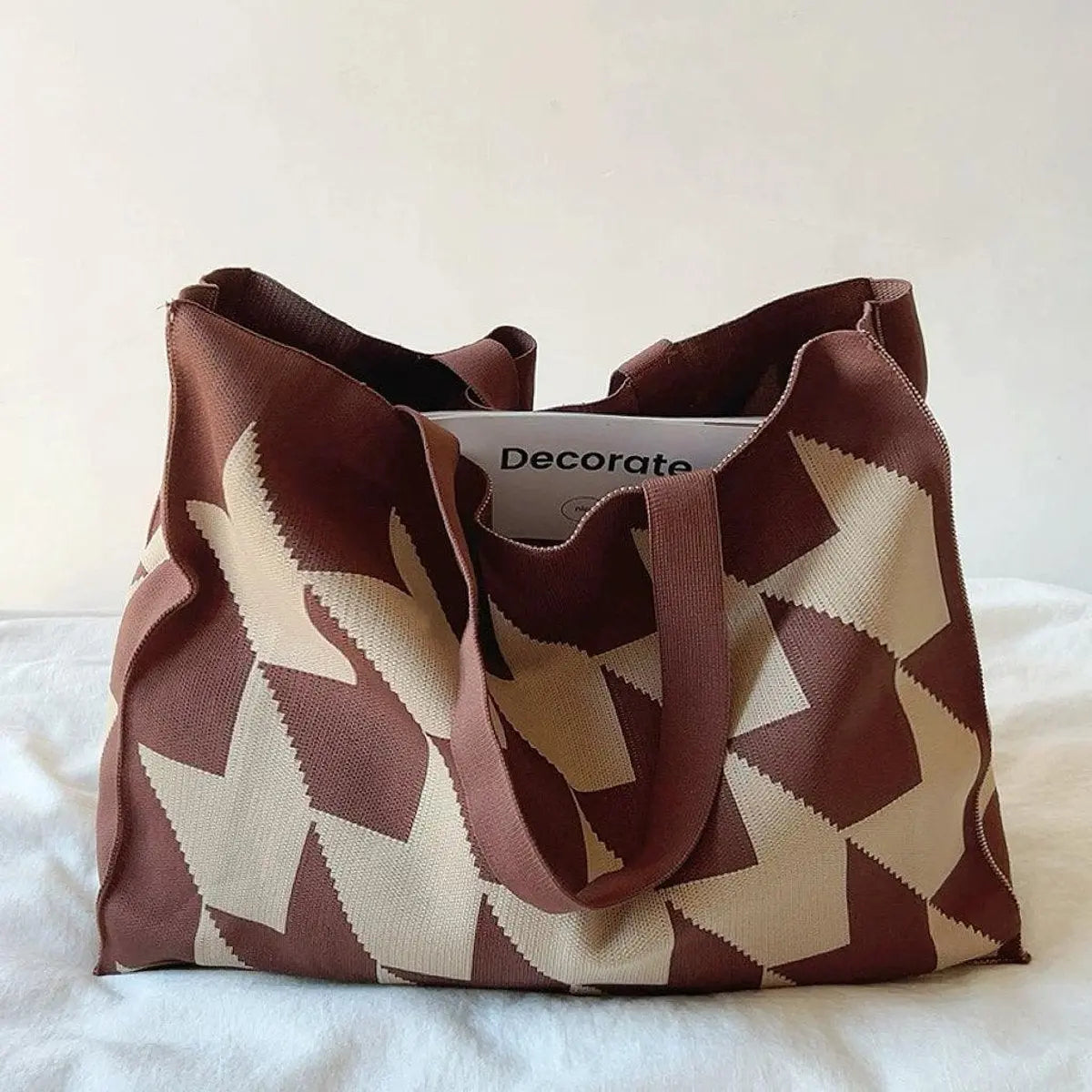 Graphic Print Large Canvas Tote Bag Beige Pink Shopper - Brown