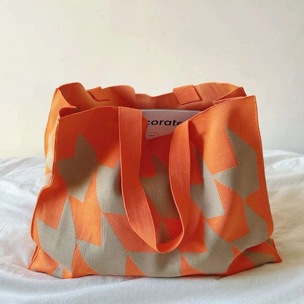 Graphic Print Large Canvas Tote Bag Beige Pink Shopper - Orange