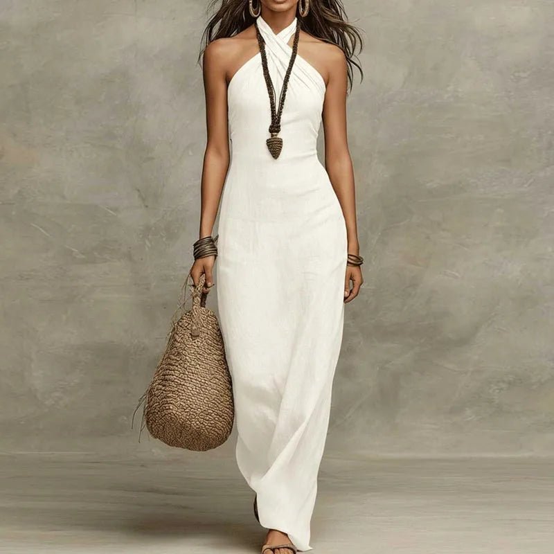 Halter Neck Maxi Dress Bohemian Sleeveless - White
