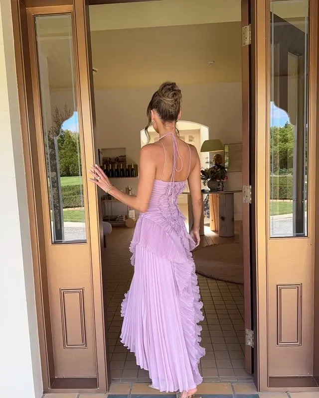 Halter Neck Maxi Dress Ruffle Detail Wedding Guest