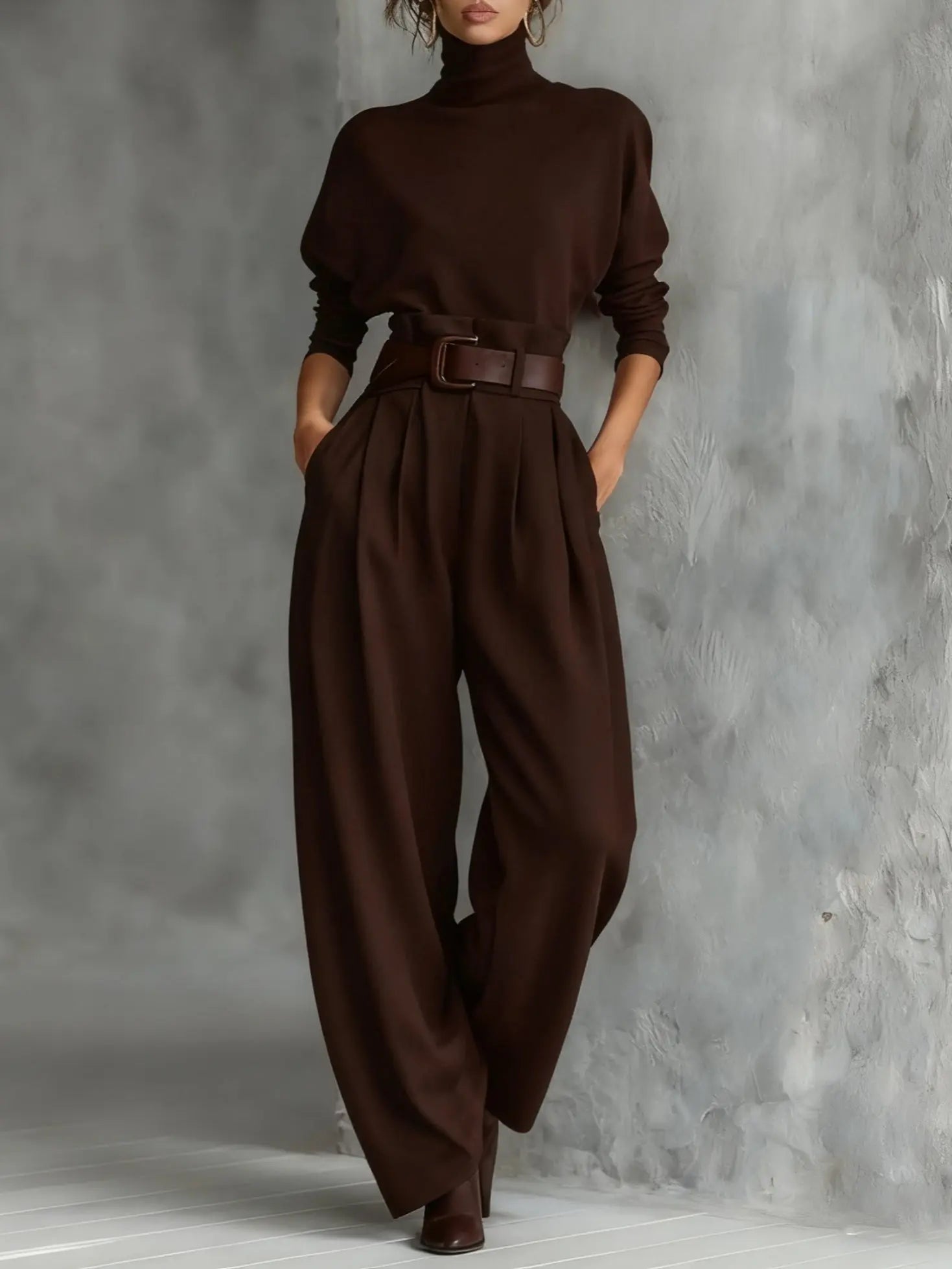 High-Neck Jumper & Trouser Set with Belt - Brown