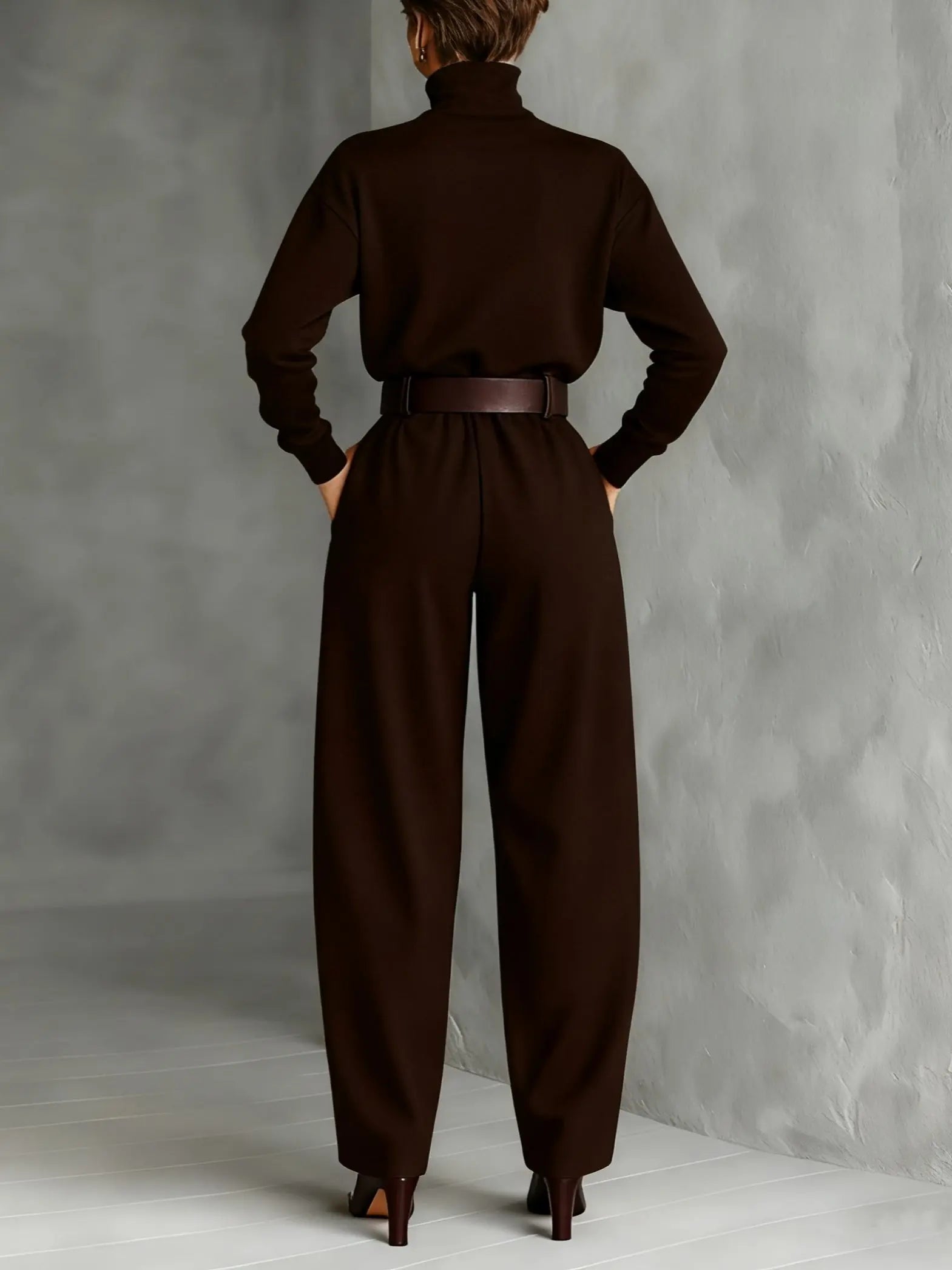 High-Neck Jumper & Trouser Set with Belt