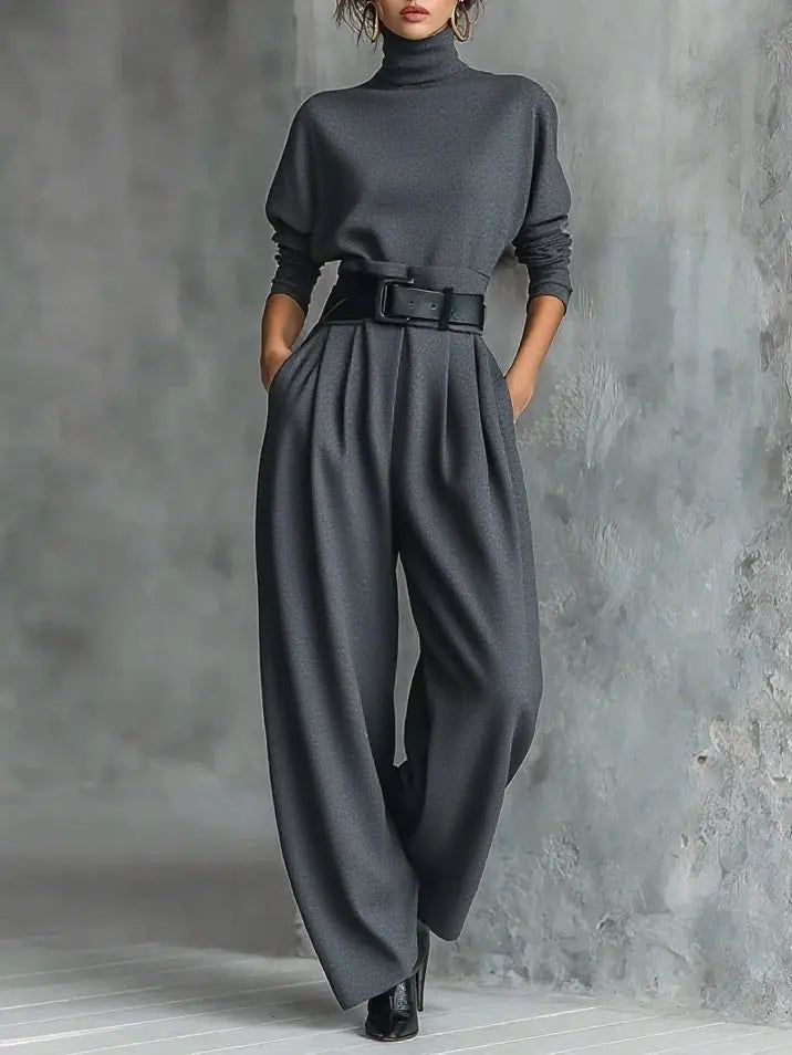 High-Neck Jumper & Trouser Set with Belt - Grey