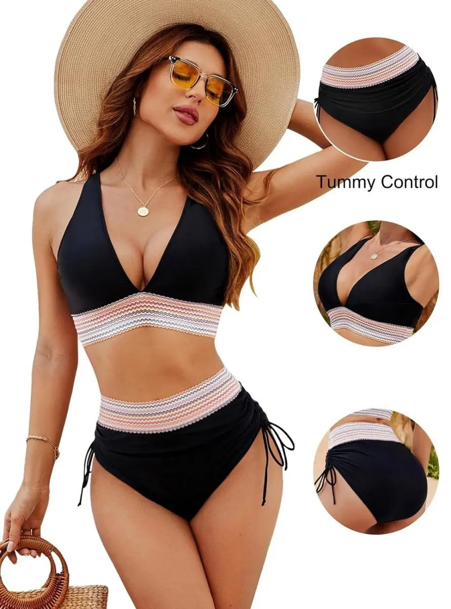 High Waist Tummy Control Bikini Set V-Neck