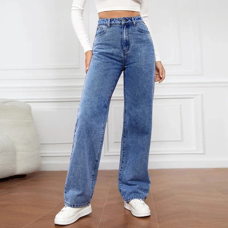 High Waist Wide Leg Denim Jeans Straight Fit Full Length - Blue