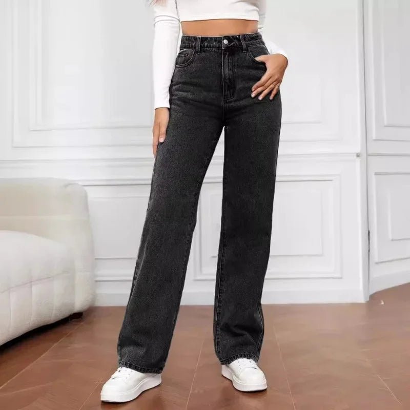 High Waist Wide Leg Denim Jeans Straight Fit Full Length - Dark Gray