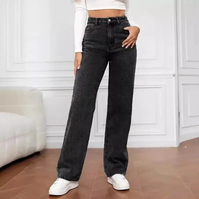 High Waist Wide Leg Denim Jeans Straight Fit Full Length - Dark Gray