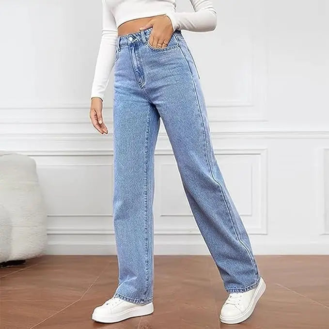 High Waist Wide Leg Denim Jeans Straight Fit Full Length - Light Blue