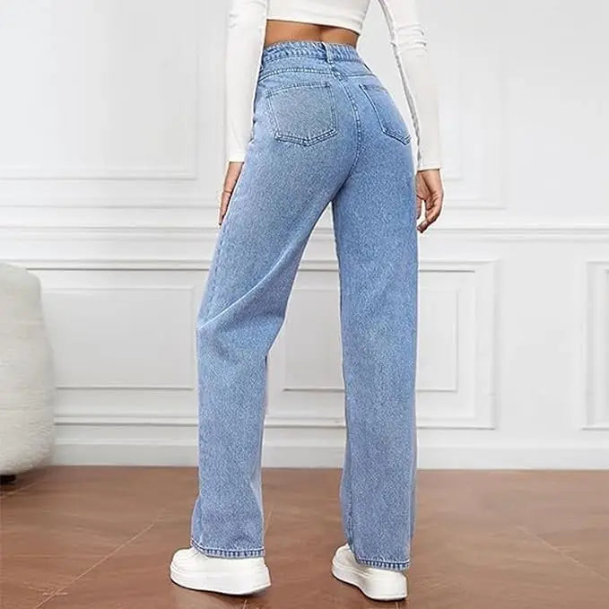 High Waist Wide Leg Denim Jeans Straight Fit Full Length