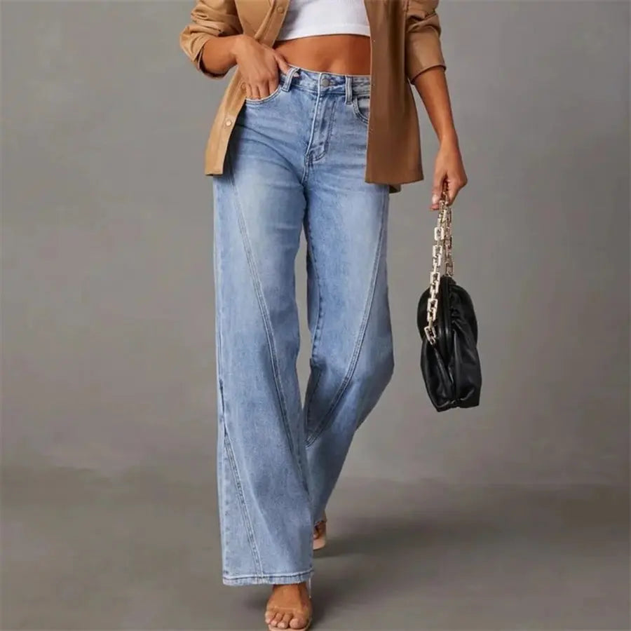 High Waisted Straight Leg Denim Jeans Front Seam Detail