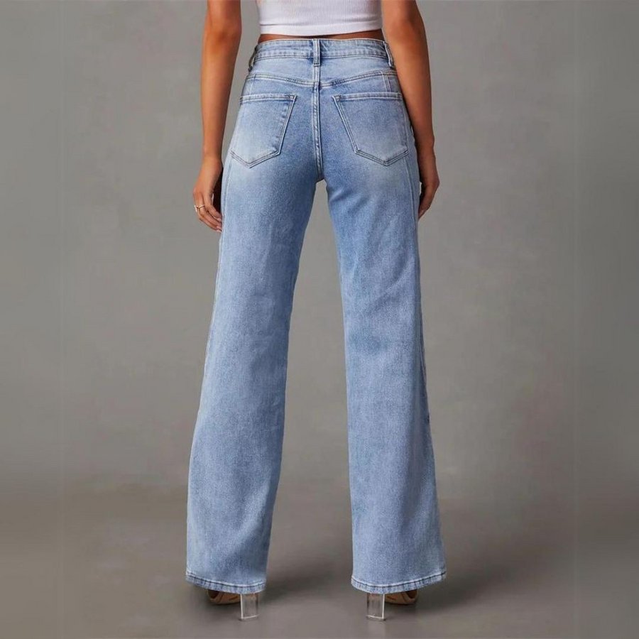 High Waisted Straight Leg Denim Jeans Front Seam Detail