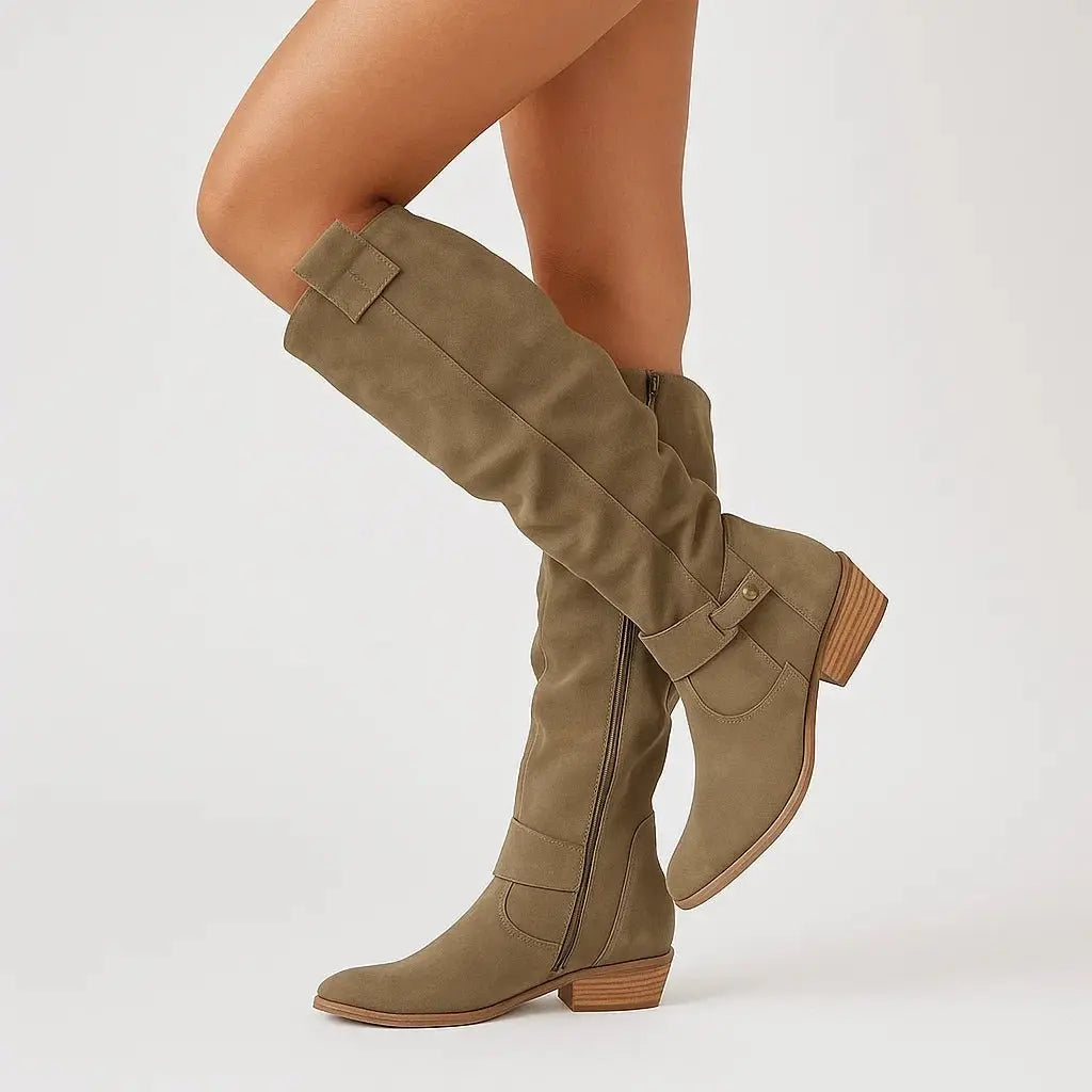 Knee High Boots Suede Block Heel Side Zip - Dark Green