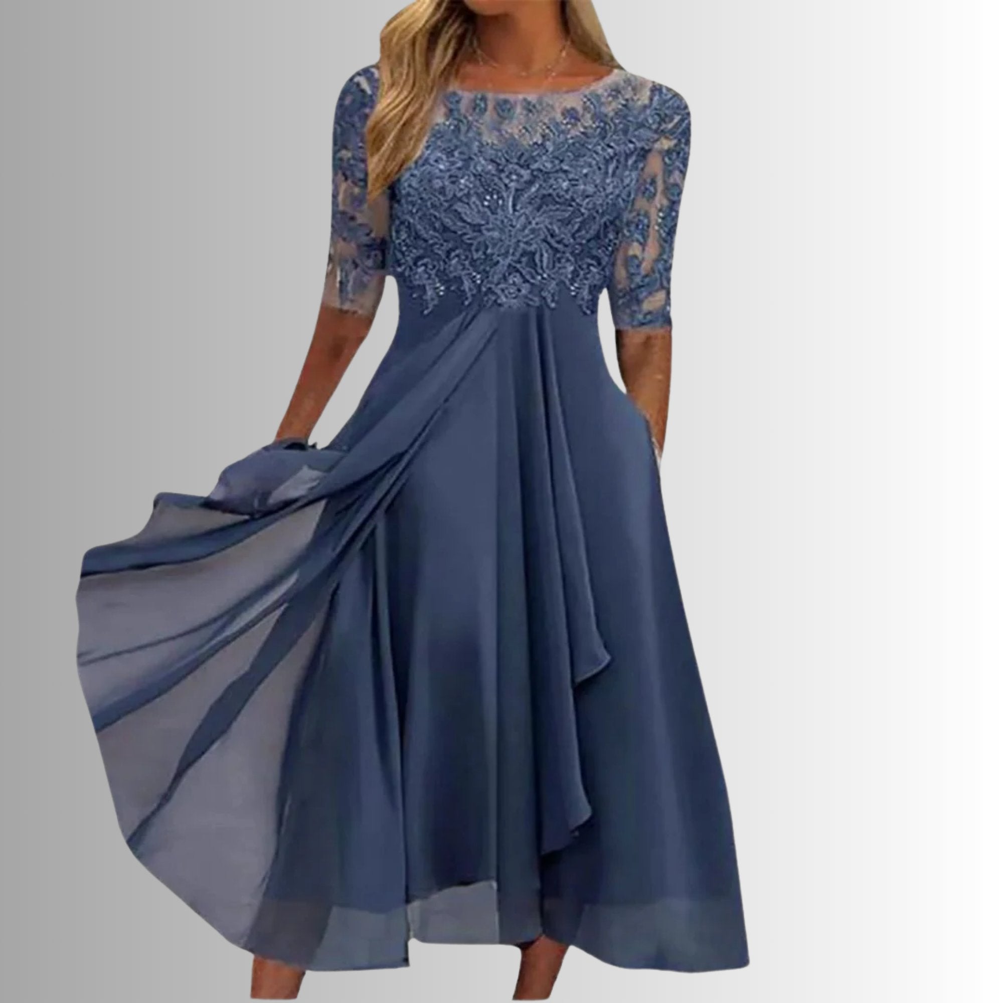 Lace Midi Dress 3/4 Sleeve Chiffon Formal - Blue