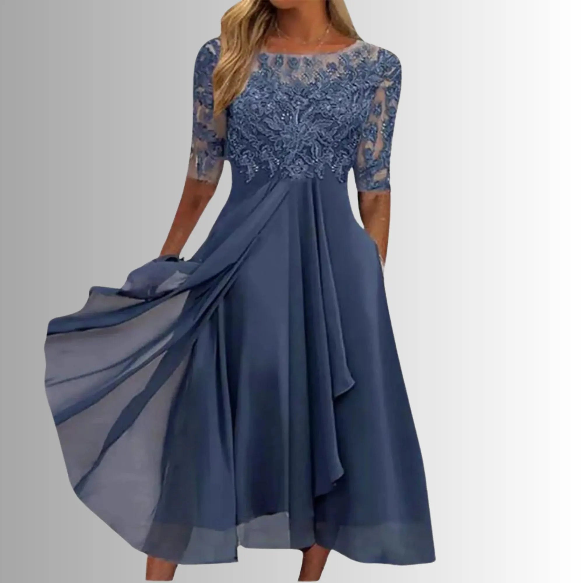 Lace Midi Dress 3/4 Sleeve Chiffon Formal - Blue