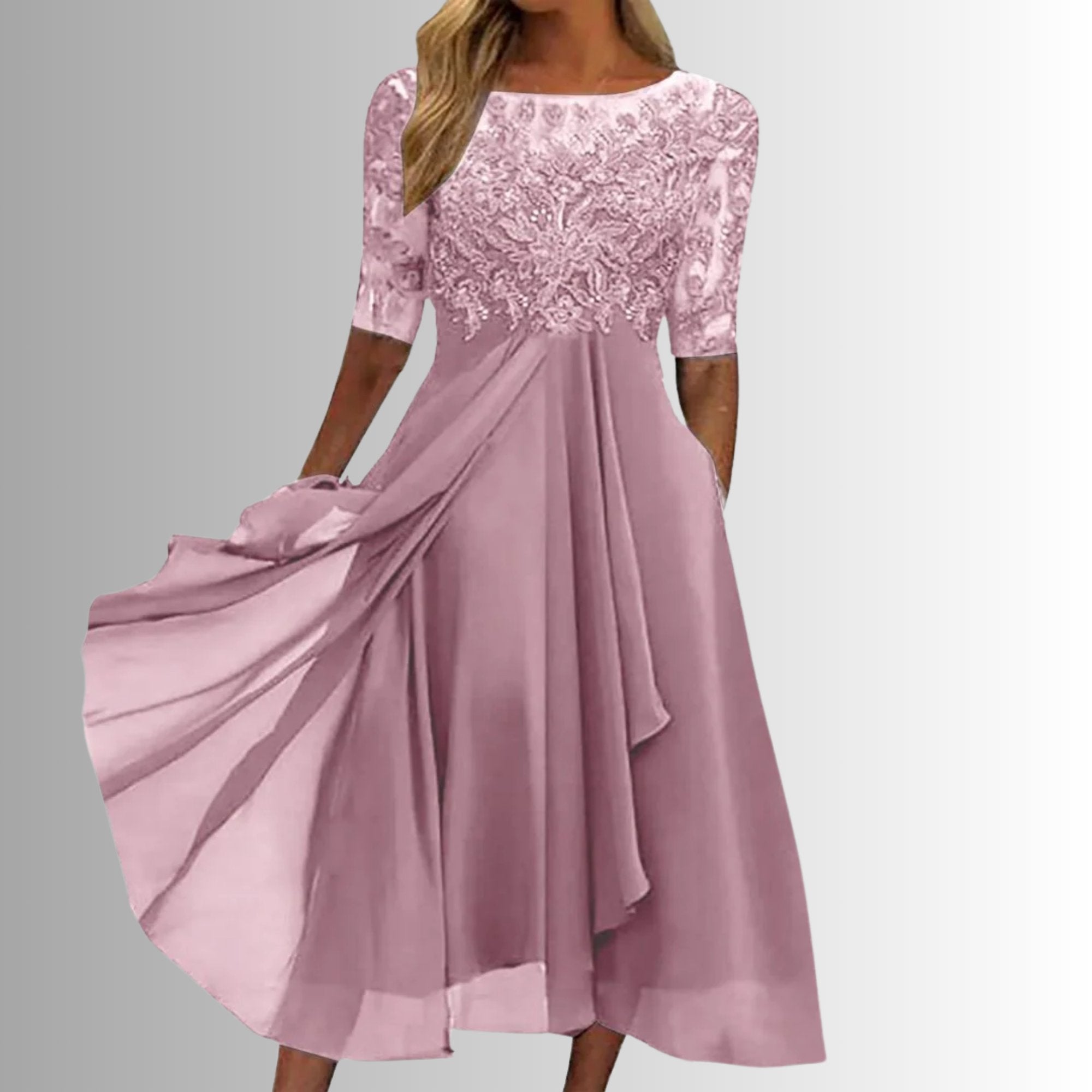 Lace Midi Dress 3/4 Sleeve Chiffon Formal - Pink