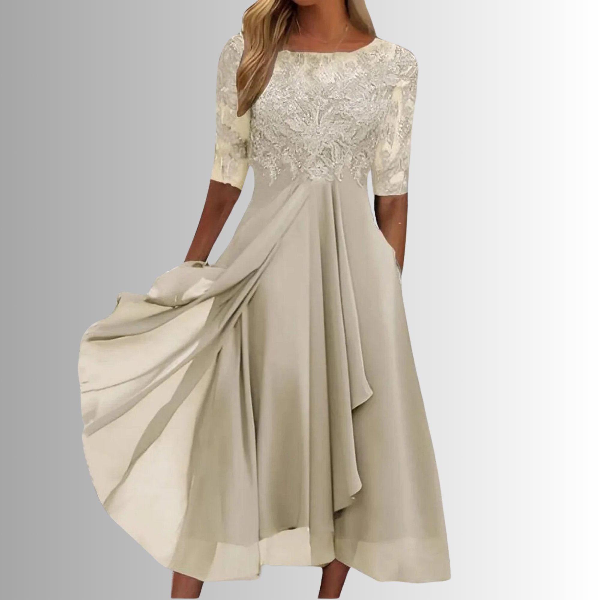Lace Midi Dress 3/4 Sleeve Chiffon Formal - Cream