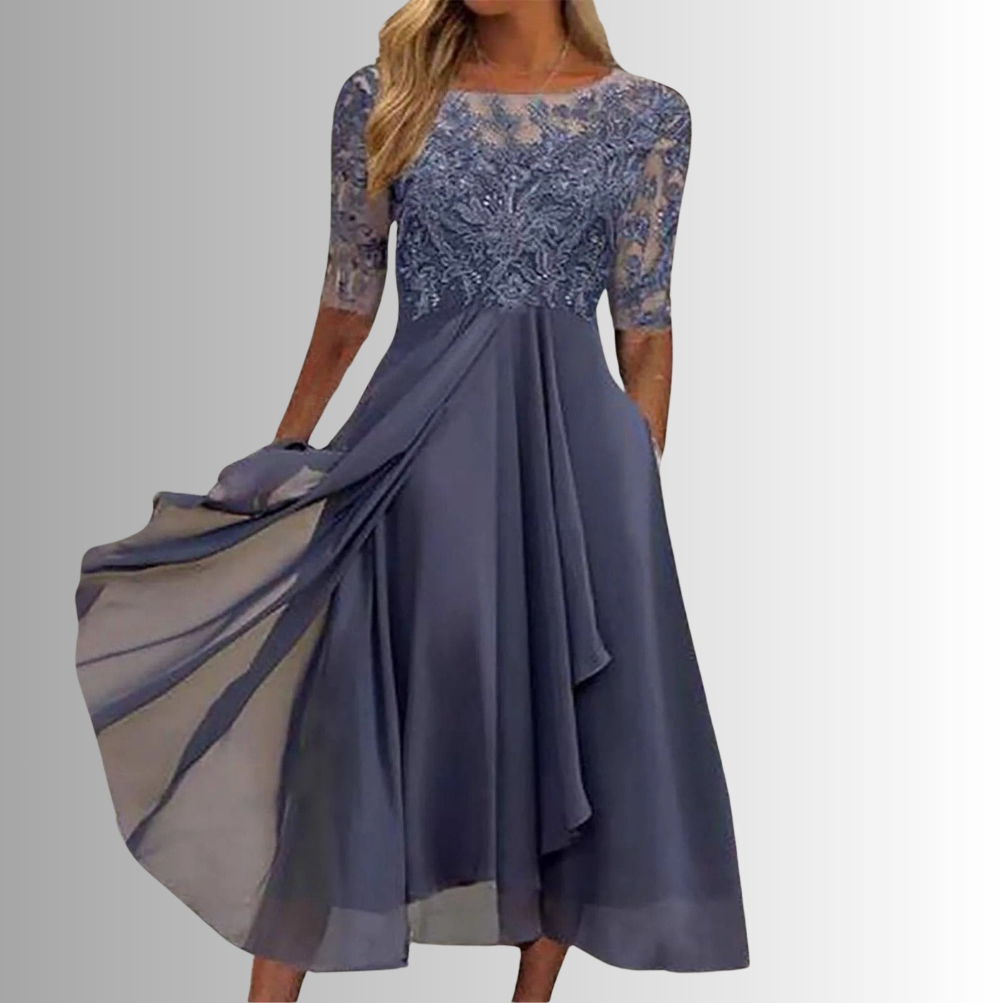Lace Midi Dress 3/4 Sleeve Chiffon Formal - Purple