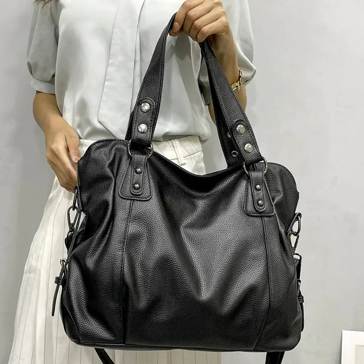 Large Black Leather Slouchy Shoulder Tote Bag Studded Strap - Cream