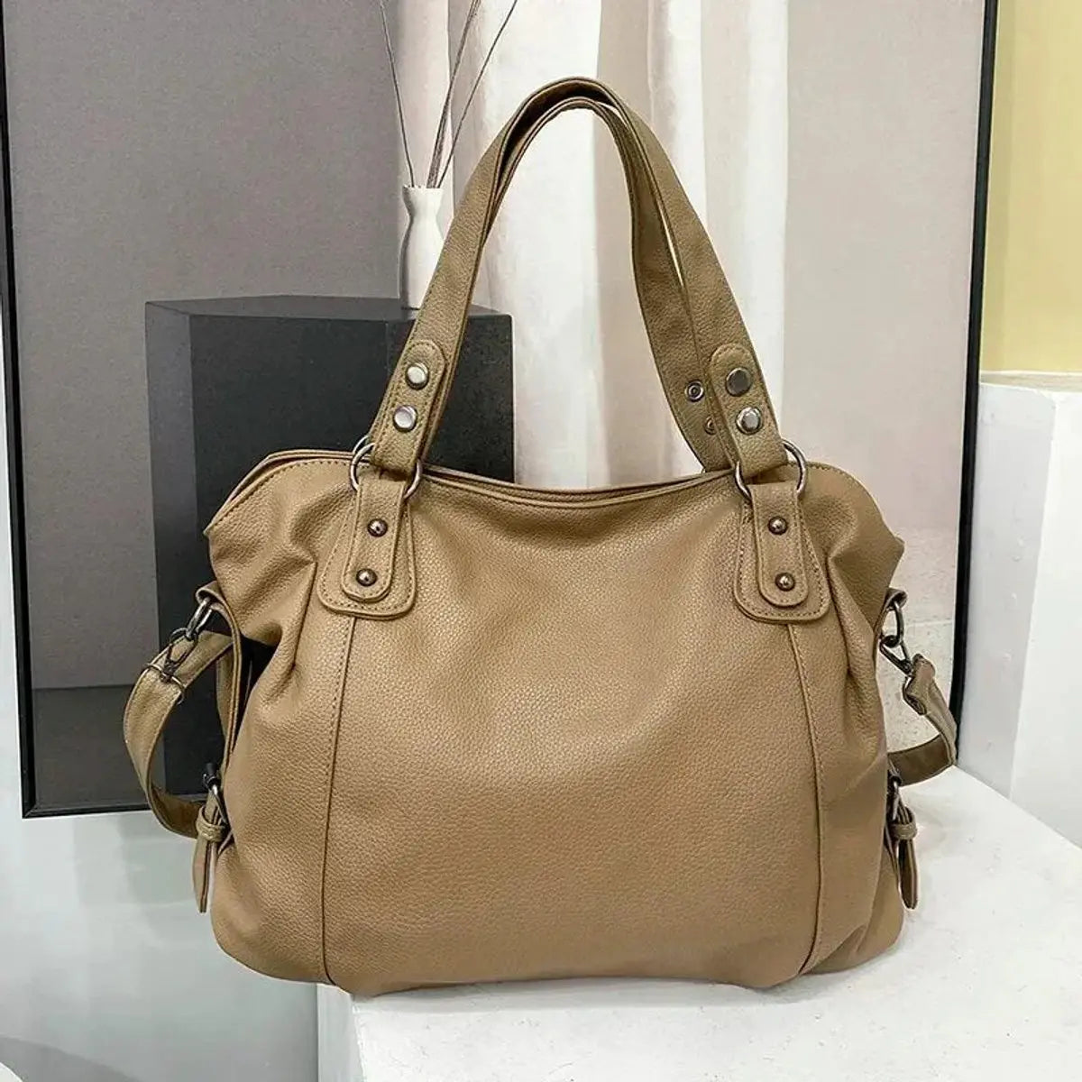 Large Black Leather Slouchy Shoulder Tote Bag Studded Strap - Beige