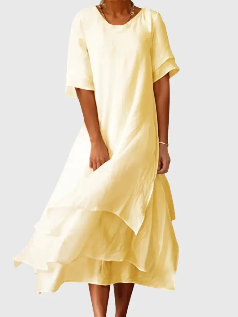 Layered Maxi Dress Short Sleeve Round Neck Tiered - Yellow