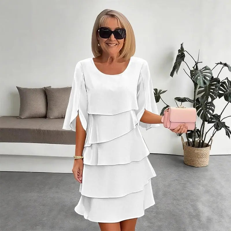 Layered Ruffle Dress Three Quarter Sleeves - Weiß