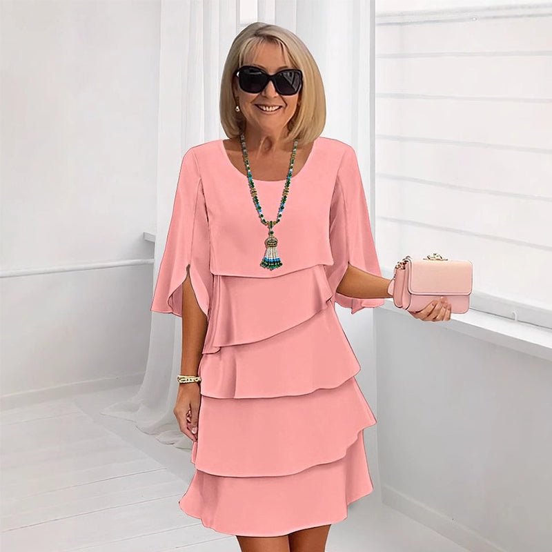 Layered Ruffle Dress Three Quarter Sleeves - Rosa