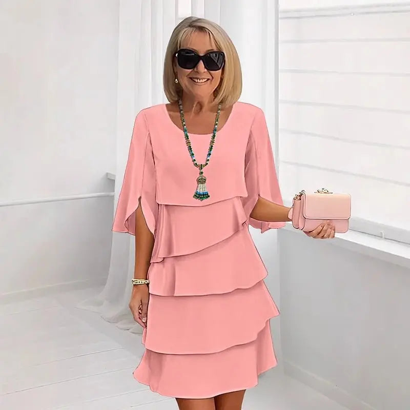 Layered Ruffle Dress Three Quarter Sleeves - Rosa