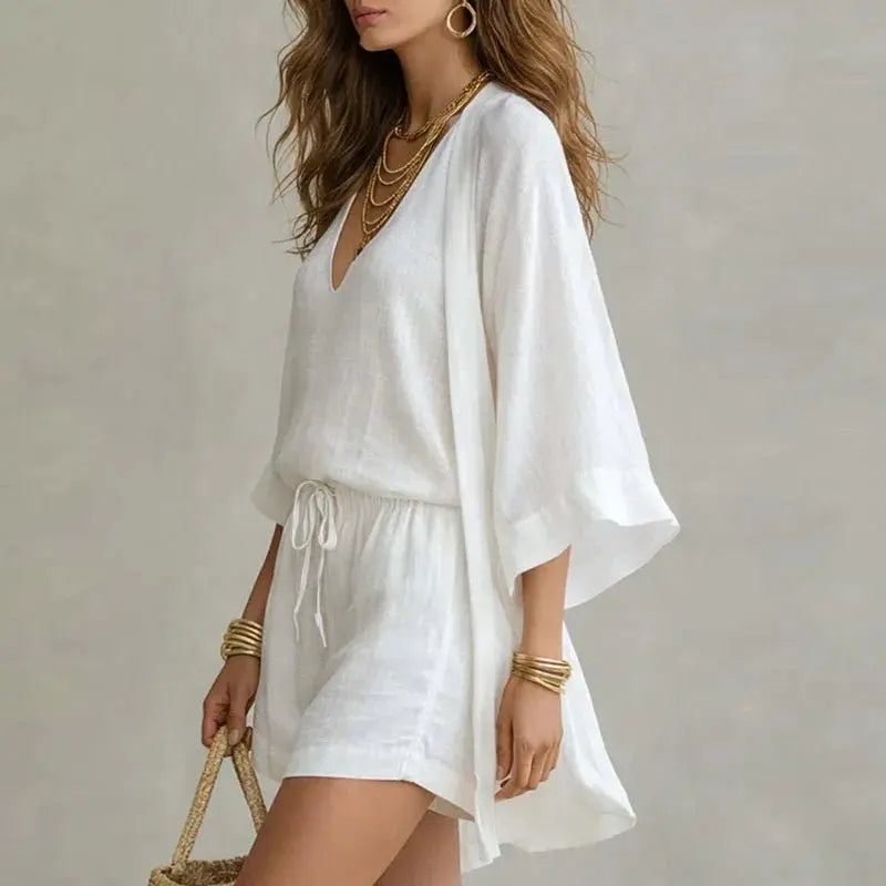 Linen 3 Piece Co-ord Set V-Neck Top Drawstring Shorts